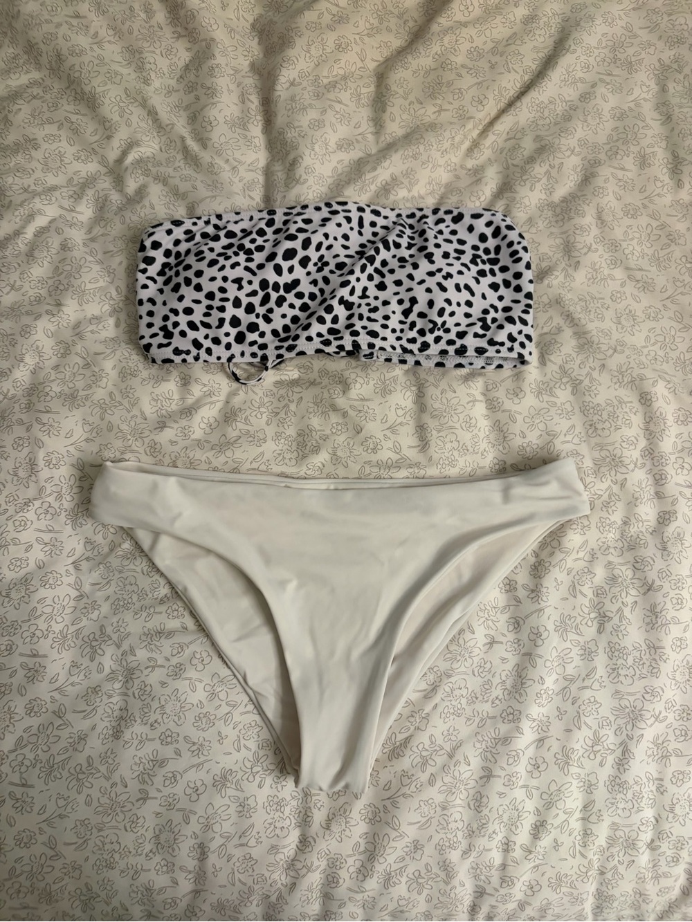 White Bikini Bottom with Black & White Dalmatian Print Bandeau Top - Women Swim